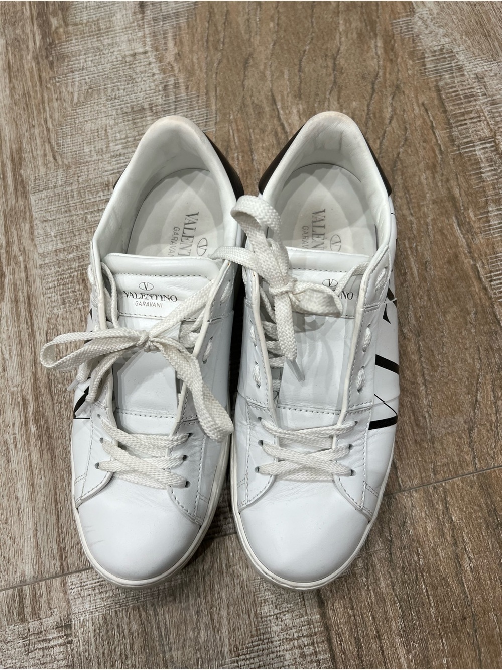 Valentino Garavani White Leather Sneakers with Black Side Stripes